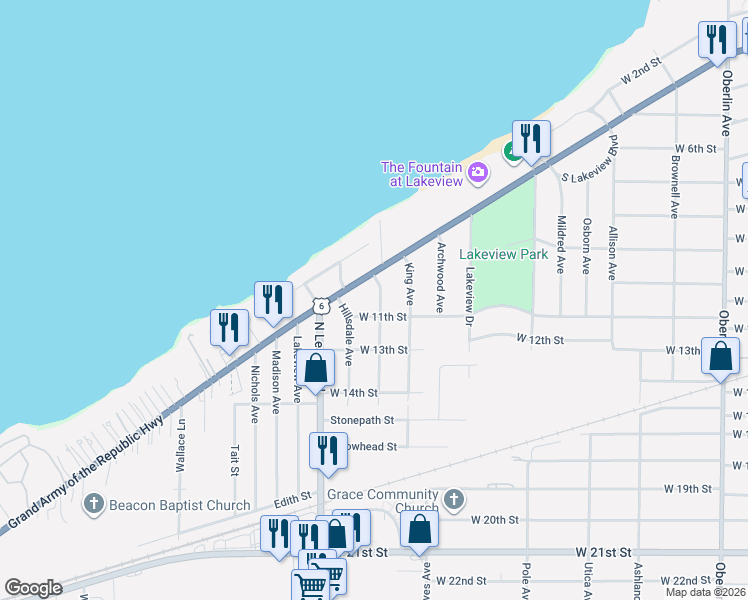 map of restaurants, bars, coffee shops, grocery stores, and more near 1086 Hawthorne Avenue in Lorain