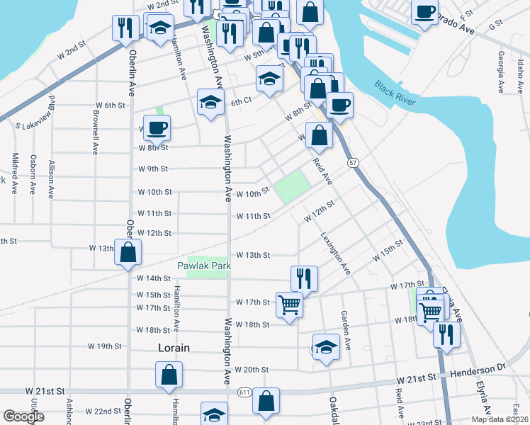 map of restaurants, bars, coffee shops, grocery stores, and more near 905 West 11th Street in Lorain