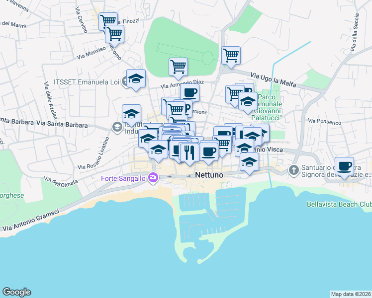map of restaurants, bars, coffee shops, grocery stores, and more near 13 Via Vittorio Veneto in Nettuno