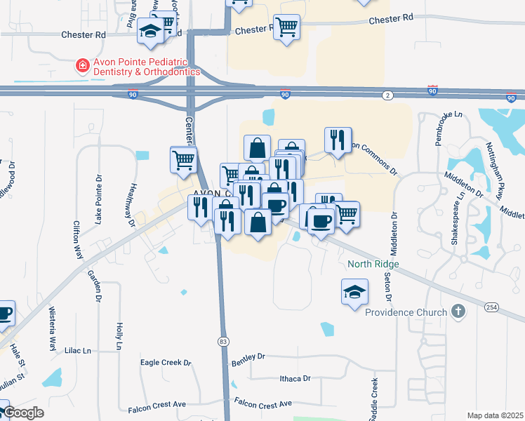 map of restaurants, bars, coffee shops, grocery stores, and more near 35906 Detroit Road in Avon