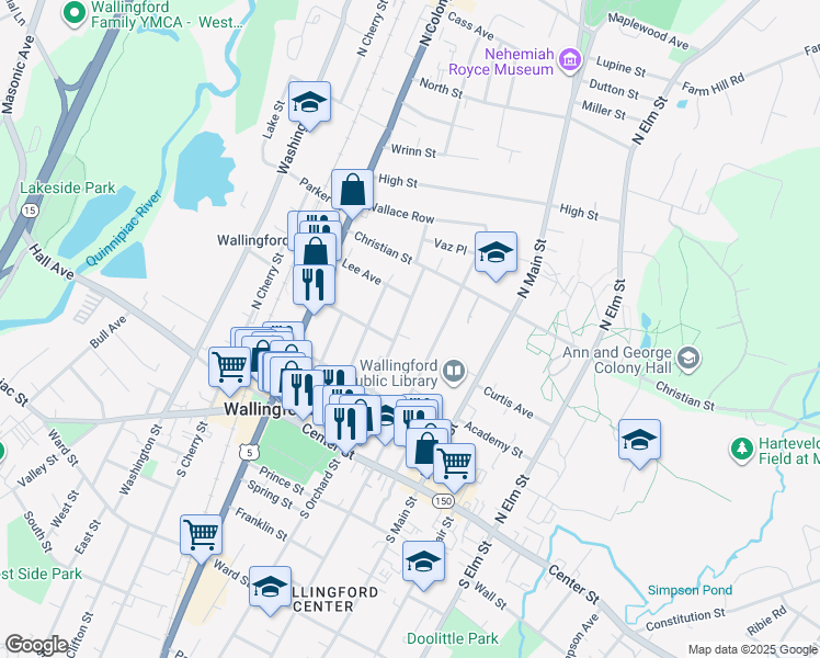 map of restaurants, bars, coffee shops, grocery stores, and more near 123 North Orchard Street in Wallingford