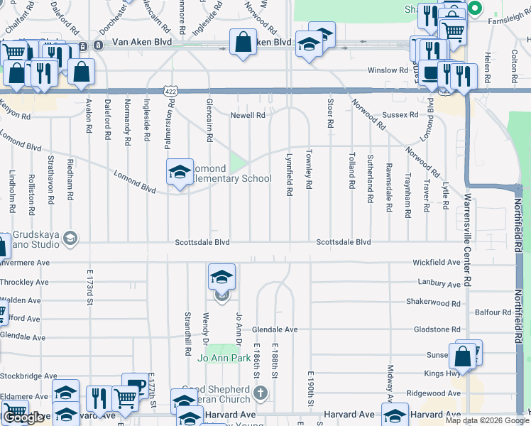 map of restaurants, bars, coffee shops, grocery stores, and more near 3717 Latimore Road in Shaker Heights