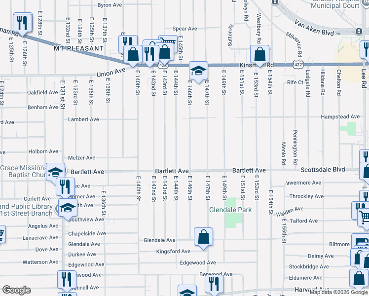 map of restaurants, bars, coffee shops, grocery stores, and more near 3708 East 146th Street in Cleveland