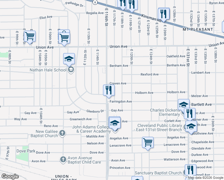 map of restaurants, bars, coffee shops, grocery stores, and more near 3687 East 117th Street in Cleveland