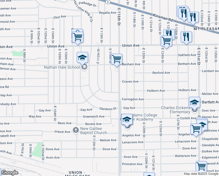 map of restaurants, bars, coffee shops, grocery stores, and more near 11312 Clarebird Avenue in Cleveland