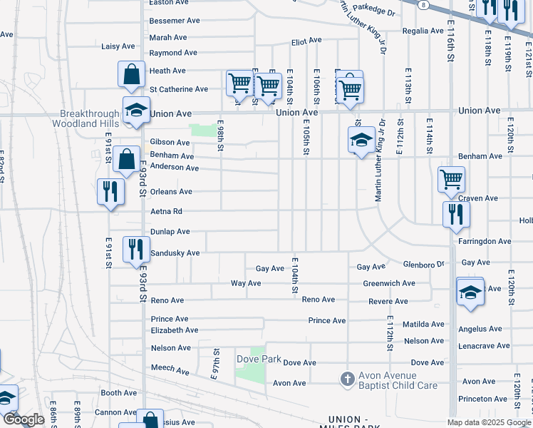 map of restaurants, bars, coffee shops, grocery stores, and more near 3678 East 103rd Street in Cleveland