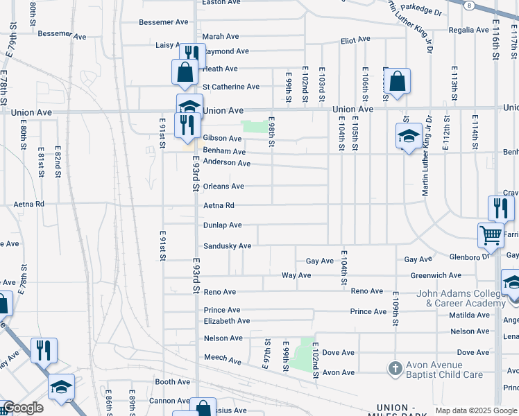map of restaurants, bars, coffee shops, grocery stores, and more near 9619 Dunlap Avenue in Cleveland