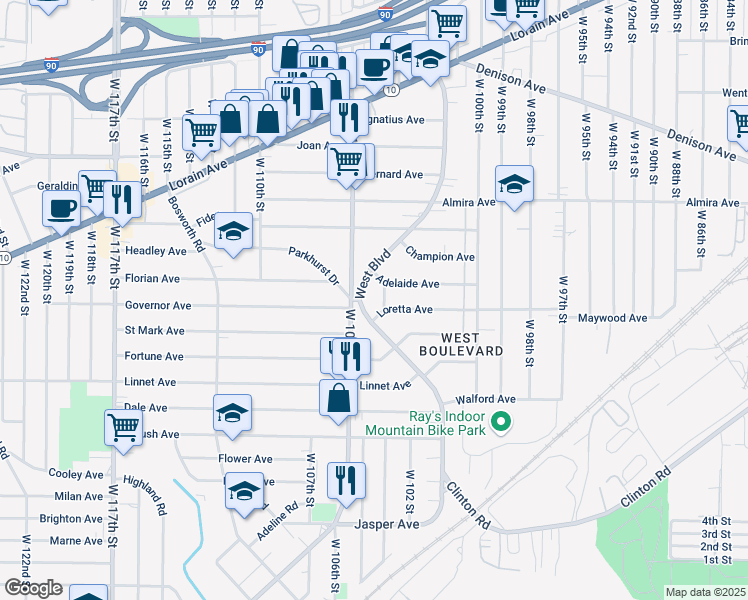 map of restaurants, bars, coffee shops, grocery stores, and more near 3509 West Boulevard in Cleveland
