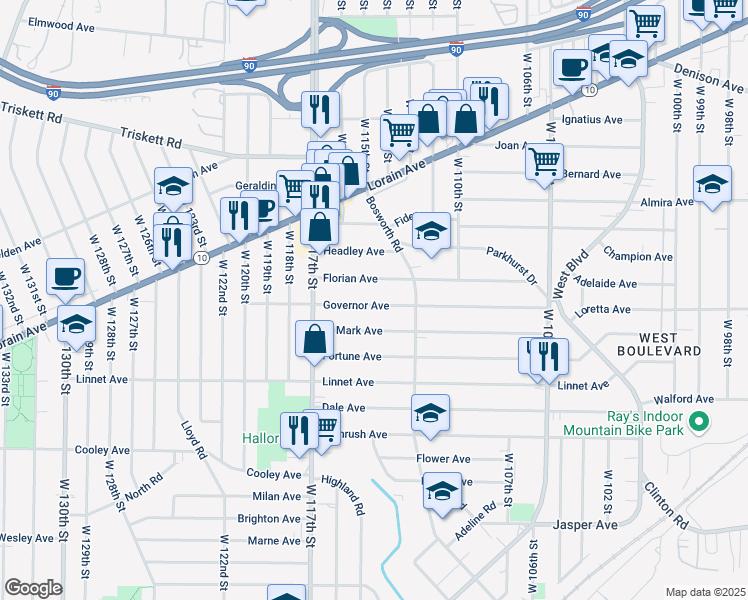 map of restaurants, bars, coffee shops, grocery stores, and more near 11405 Governor Avenue in Cleveland
