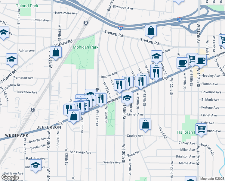 map of restaurants, bars, coffee shops, grocery stores, and more near 3461 West 132nd Street in Cleveland