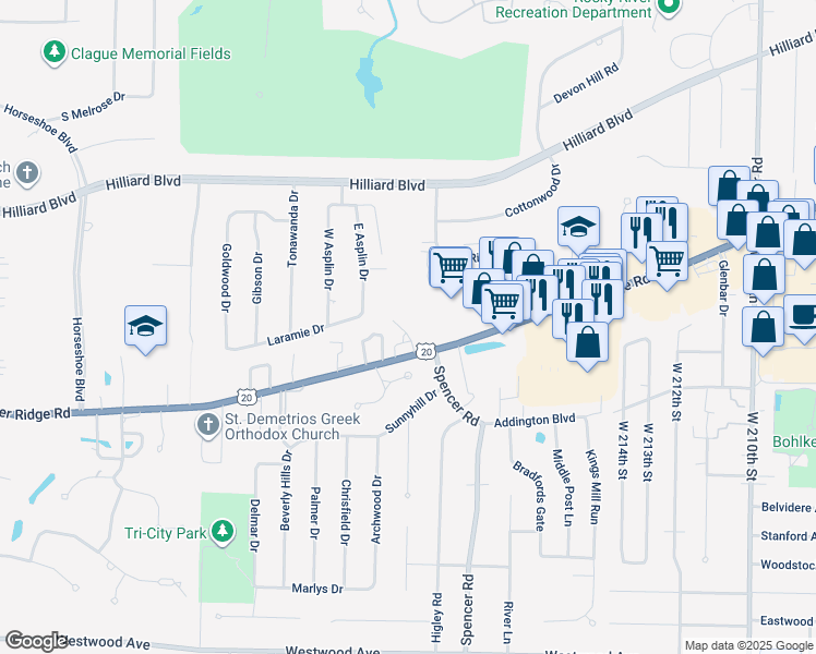 map of restaurants, bars, coffee shops, grocery stores, and more near 15 Bristol Lane in Rocky River