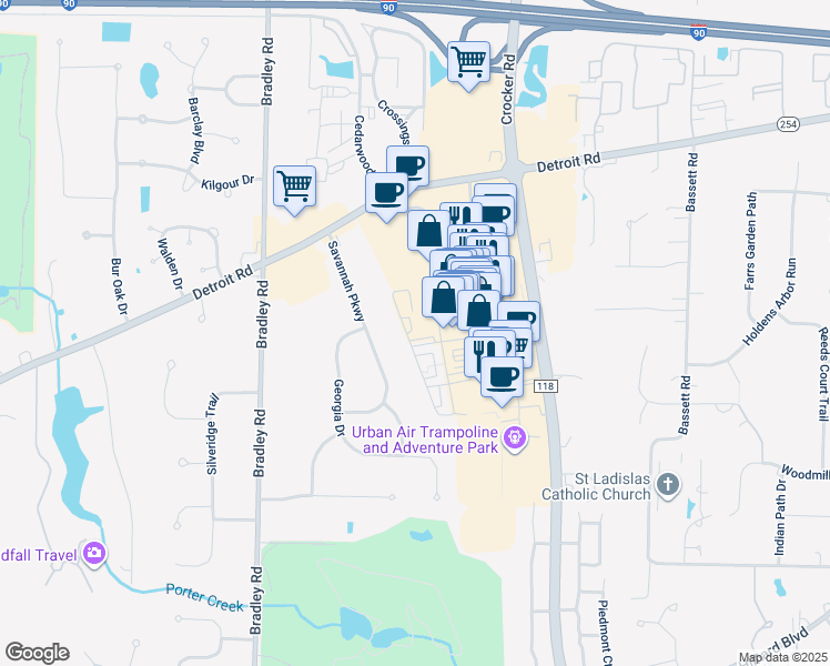map of restaurants, bars, coffee shops, grocery stores, and more near 2071 Savannah Parkway in Westlake