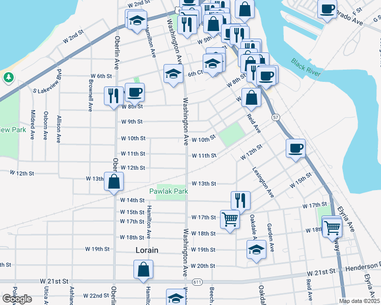 map of restaurants, bars, coffee shops, grocery stores, and more near 1110 Washington Avenue in Lorain