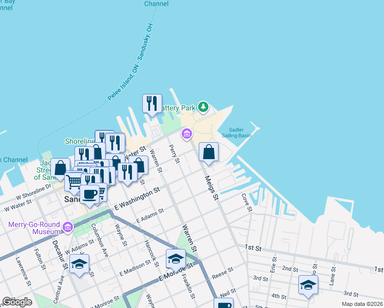 map of restaurants, bars, coffee shops, grocery stores, and more near 211 Meigs Street in Sandusky