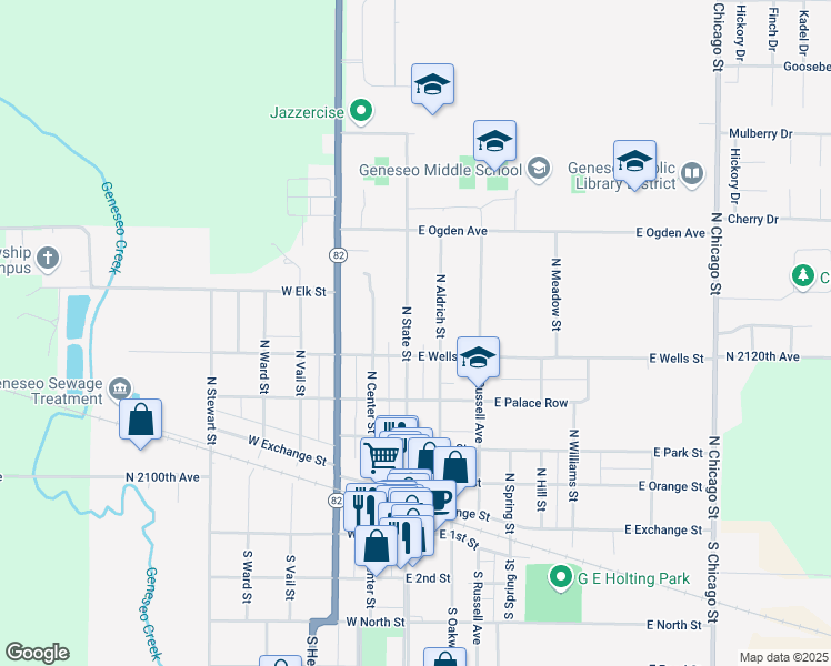map of restaurants, bars, coffee shops, grocery stores, and more near 503 North State Street in Geneseo