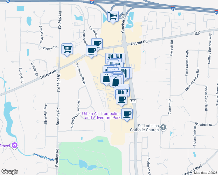 map of restaurants, bars, coffee shops, grocery stores, and more near 275 Crocker Park Boulevard in Westlake