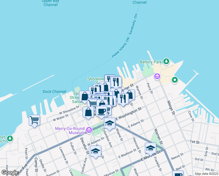 map of restaurants, bars, coffee shops, grocery stores, and more near 221 East Water Street in Sandusky