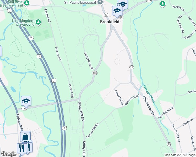 map of restaurants, bars, coffee shops, grocery stores, and more near 27 Junction Road in Brookfield