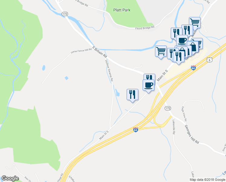 map of restaurants, bars, coffee shops, grocery stores, and more near 1 Hollow Swamp Road in Southbury