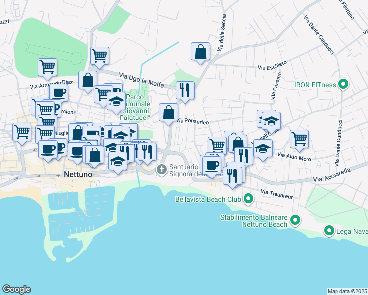 map of restaurants, bars, coffee shops, grocery stores, and more near 4 Via Ponza in Nettuno