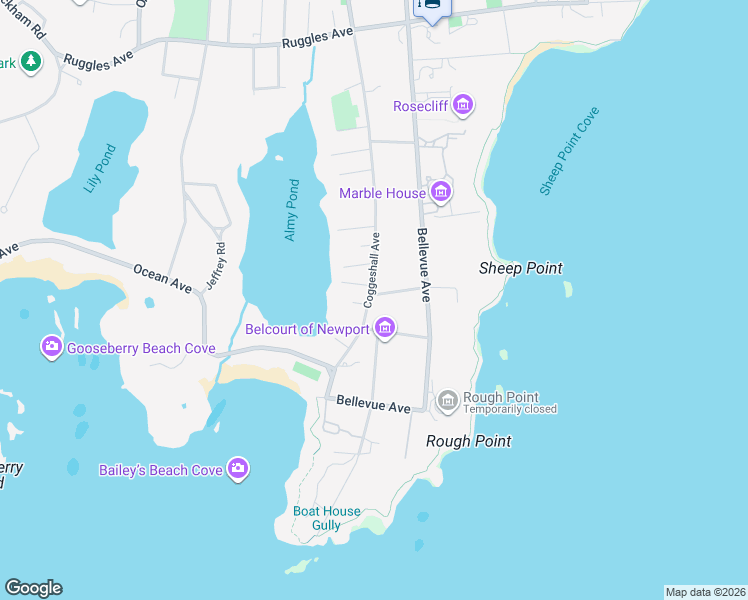 map of restaurants, bars, coffee shops, grocery stores, and more near 206 Coggeshall Avenue in Newport