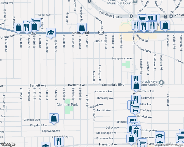 map of restaurants, bars, coffee shops, grocery stores, and more near 3713 East 154th Street in Cleveland