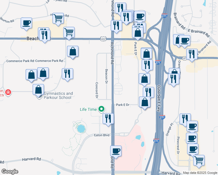 map of restaurants, bars, coffee shops, grocery stores, and more near 3743 Beacon Drive in Beachwood