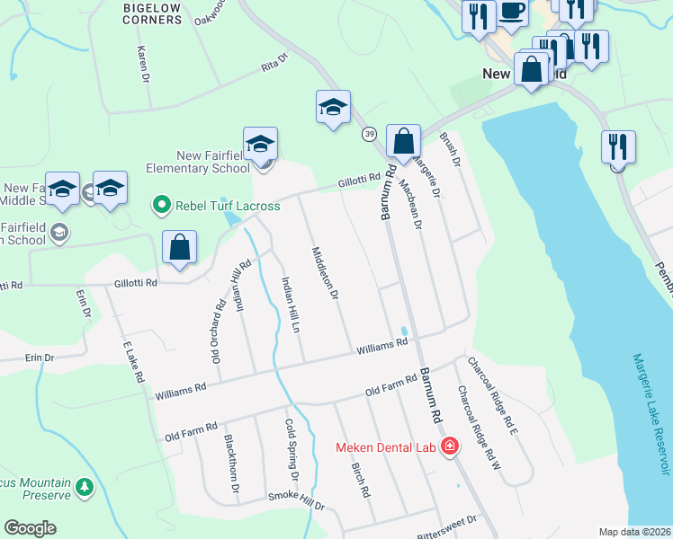 map of restaurants, bars, coffee shops, grocery stores, and more near 25 Middleton Drive in New Fairfield