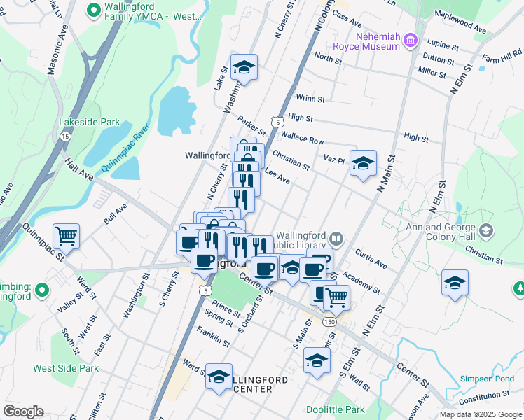 map of restaurants, bars, coffee shops, grocery stores, and more near 72 Meadow Street in Wallingford
