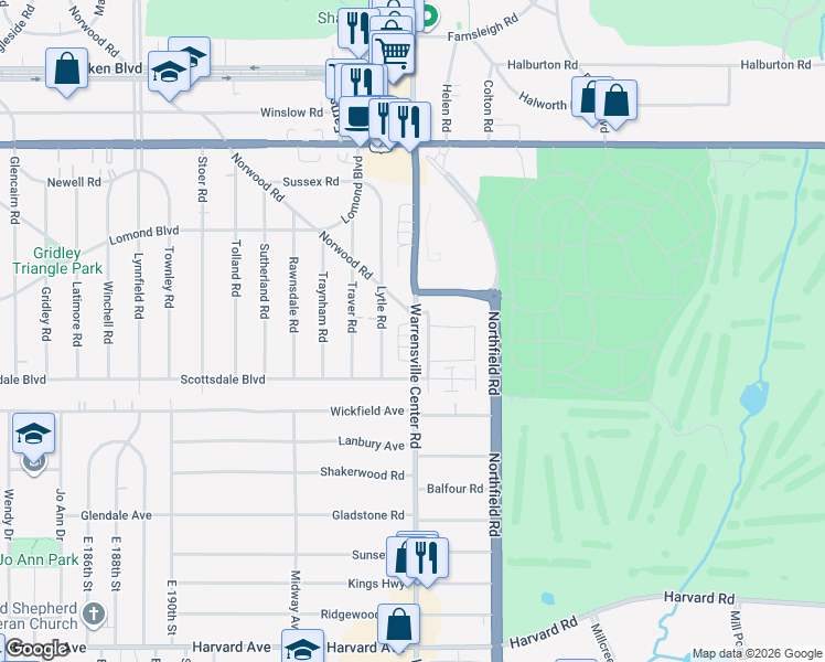 map of restaurants, bars, coffee shops, grocery stores, and more near 3715 Lytle Road in Shaker Heights