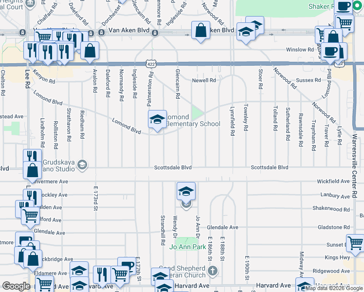 map of restaurants, bars, coffee shops, grocery stores, and more near 3718 Glencairn Road in Shaker Heights