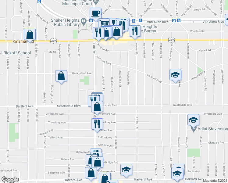 map of restaurants, bars, coffee shops, grocery stores, and more near 3715 Rolliston Road in Shaker Heights