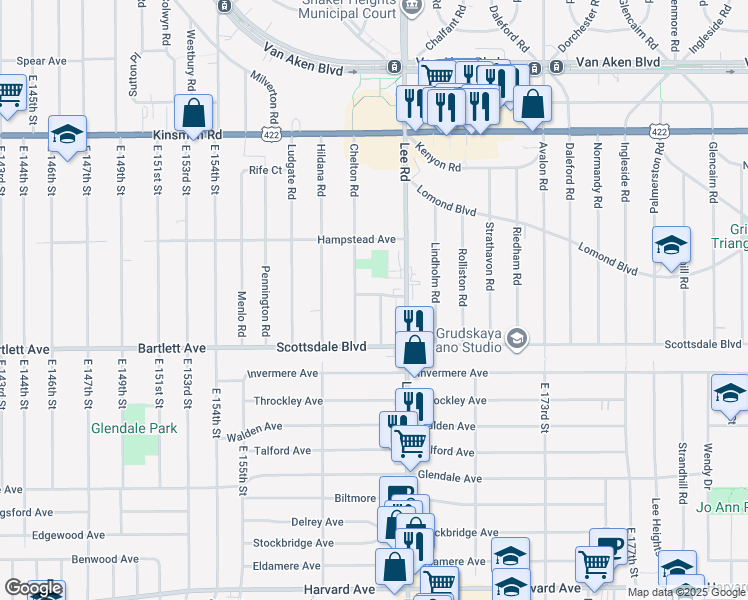map of restaurants, bars, coffee shops, grocery stores, and more near 3715 Chelton Road in Shaker Heights