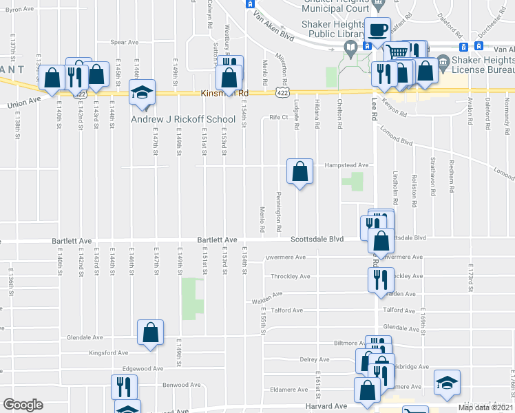 map of restaurants, bars, coffee shops, grocery stores, and more near 3713 East 154th Street in Cleveland