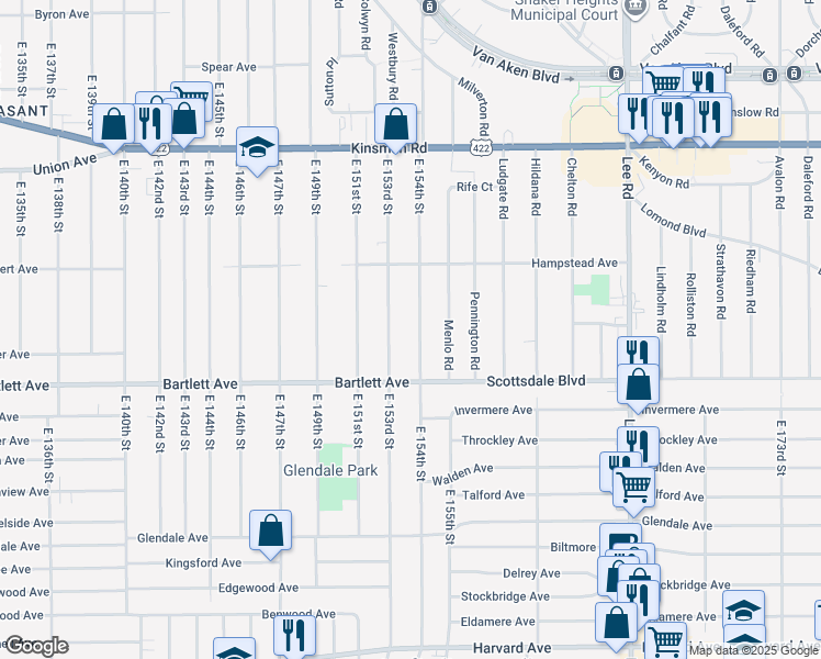 map of restaurants, bars, coffee shops, grocery stores, and more near 3713 East 154th Street in Cleveland