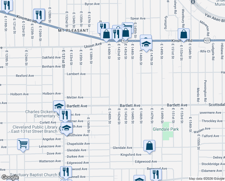 map of restaurants, bars, coffee shops, grocery stores, and more near 3710 East 142nd Street in Cleveland