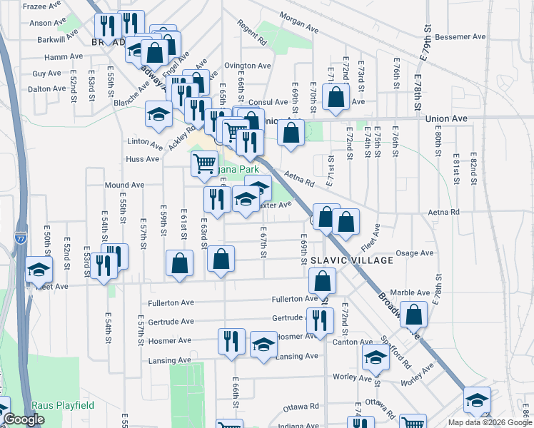 map of restaurants, bars, coffee shops, grocery stores, and more near 6714 Forman Avenue in Cleveland
