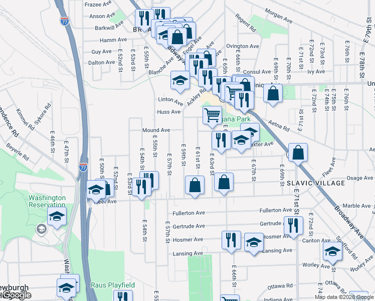 map of restaurants, bars, coffee shops, grocery stores, and more near 3666 East 61st Street in Cleveland