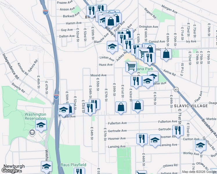 map of restaurants, bars, coffee shops, grocery stores, and more near 3663 East 57th Street in Cleveland