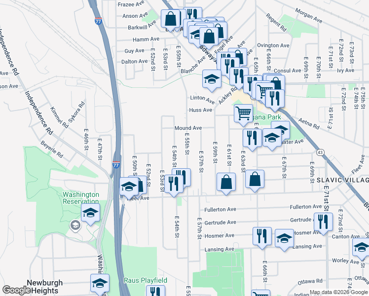 map of restaurants, bars, coffee shops, grocery stores, and more near 3659 East 55th Street in Cleveland