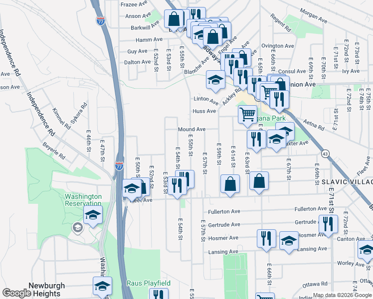 map of restaurants, bars, coffee shops, grocery stores, and more near 3659 East 55th Street in Cleveland