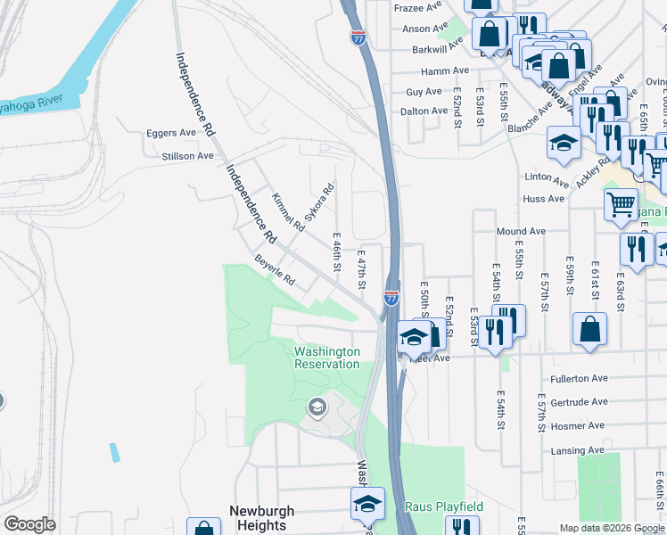 map of restaurants, bars, coffee shops, grocery stores, and more near 3628 Independence Road in Cleveland