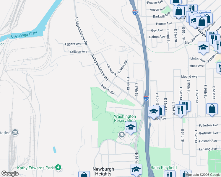 map of restaurants, bars, coffee shops, grocery stores, and more near 3584 Beyerle Road in Cleveland