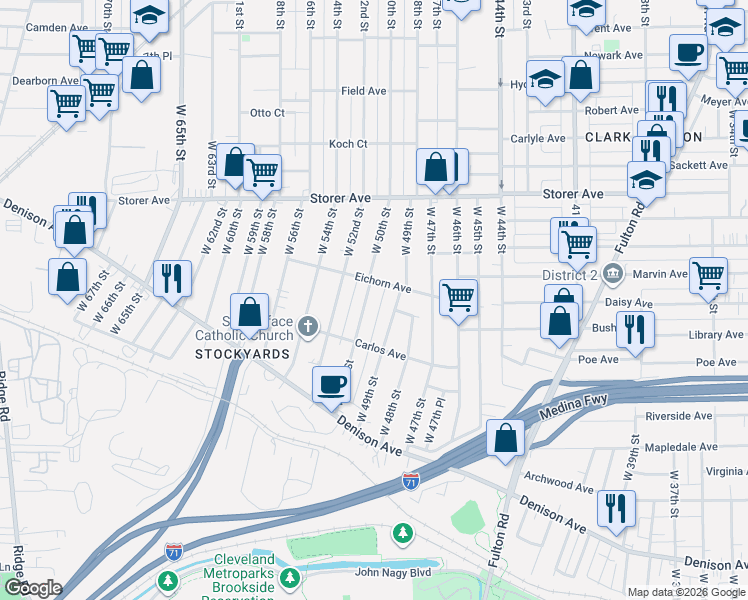 map of restaurants, bars, coffee shops, grocery stores, and more near 3520 West 49th Street in Cleveland