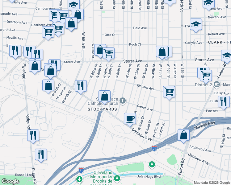 map of restaurants, bars, coffee shops, grocery stores, and more near 3521 West 56th Street in Cleveland