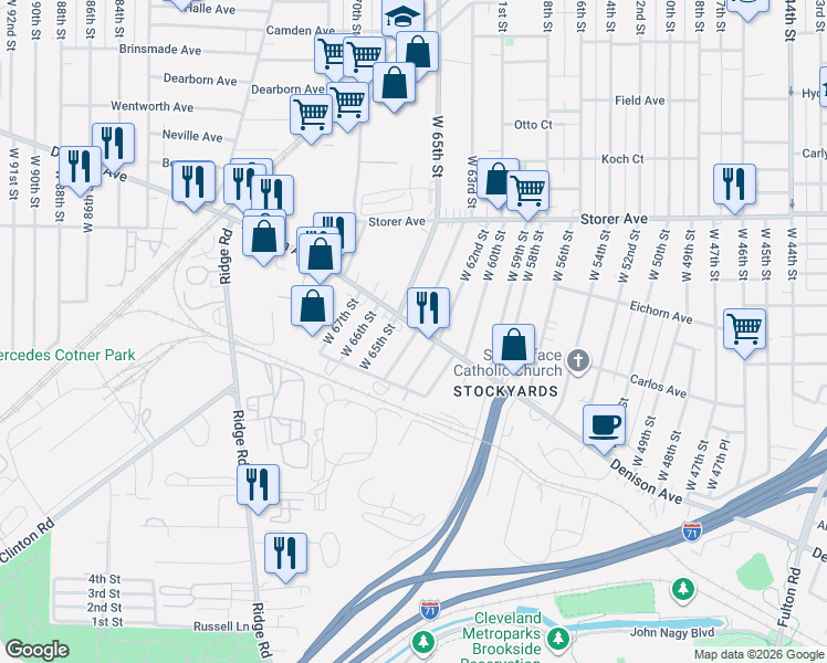 map of restaurants, bars, coffee shops, grocery stores, and more near 3532 West 62nd Street in Cleveland