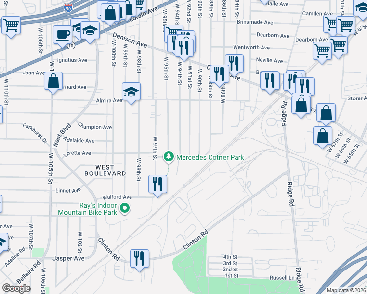map of restaurants, bars, coffee shops, grocery stores, and more near 3491 West 94th Street in Cleveland