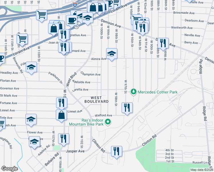 map of restaurants, bars, coffee shops, grocery stores, and more near 3483 West 100th Street in Cleveland