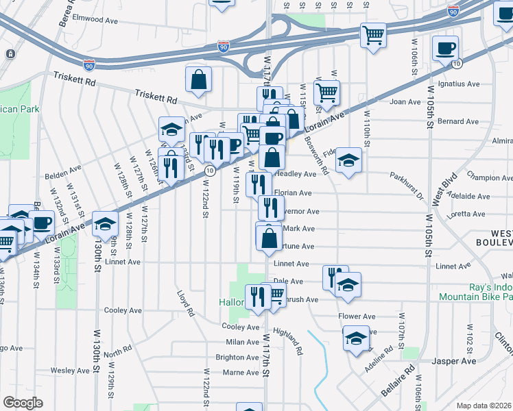 map of restaurants, bars, coffee shops, grocery stores, and more near in Cleveland