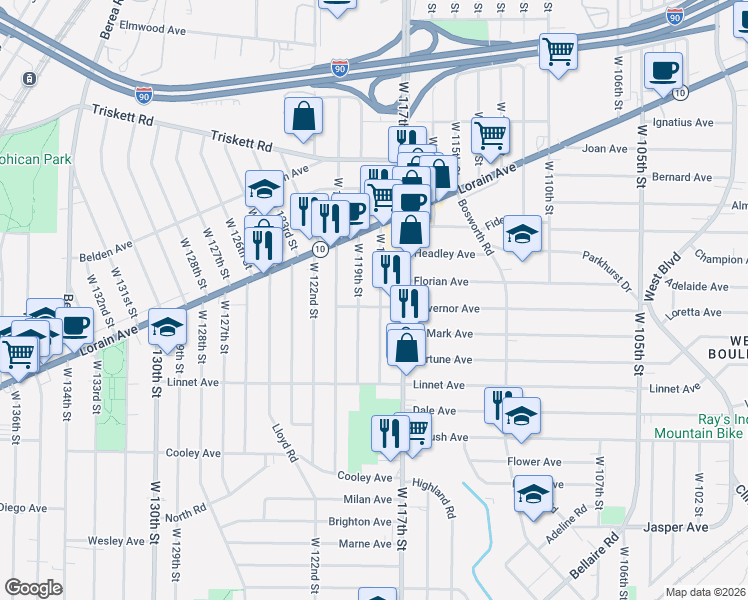 map of restaurants, bars, coffee shops, grocery stores, and more near in Cleveland